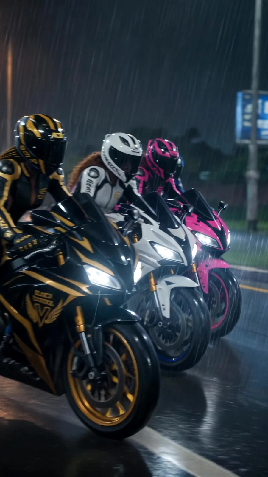 The four Black Vixens on their race bikes in the rain at night, Lagos