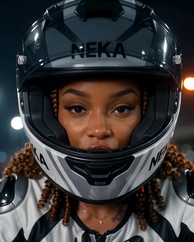 Neka in her white-and-silver race helmet, gloved hand on her chest