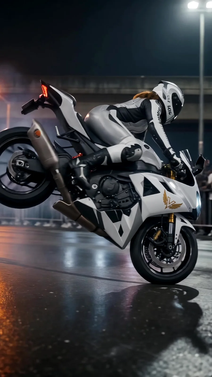 Neka on her white race bike, rear wheel high in a stoppie on wet Lagos asphalt